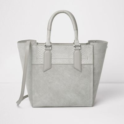 Grey suede leather winged tote bag